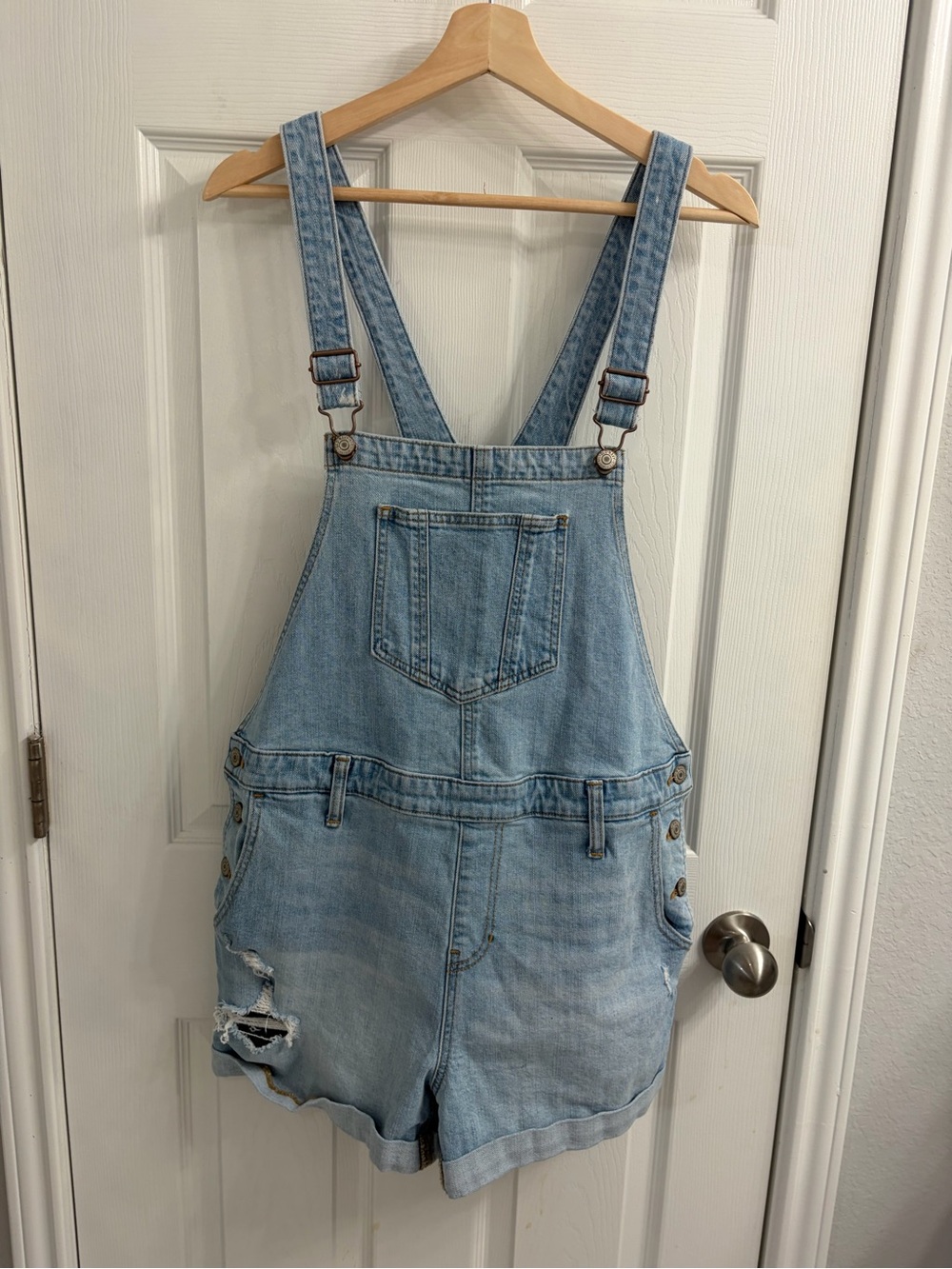 Old Navy Light Blue Denim Shortalls with Contrast Stitching